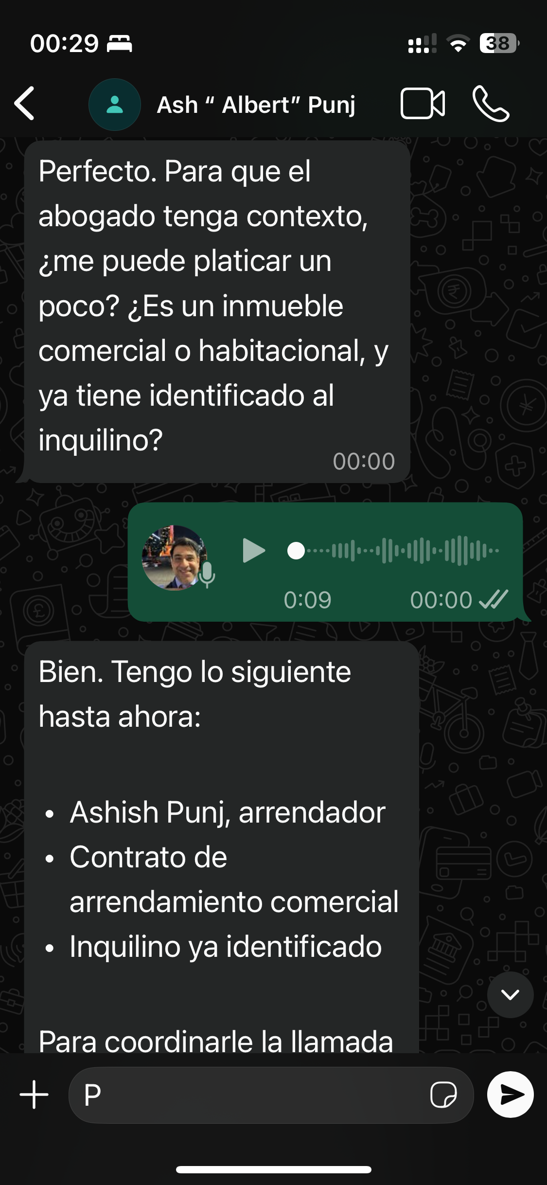 Step 3: Client sends a voice note. Peter processes it and summarizes the case data.